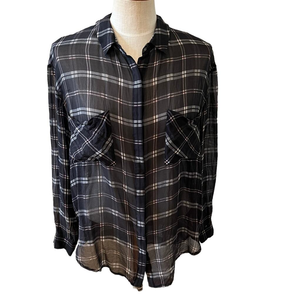 PJK Patterson Kincaid Sheer Silk Chiffon Button Down Top Black Plaid